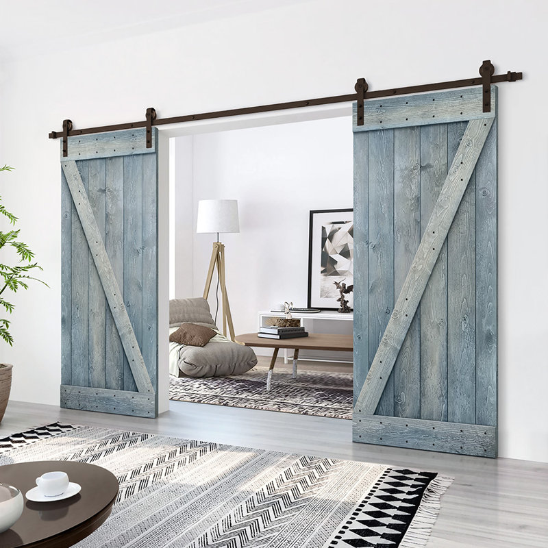Porte de grange en bois massif lambrissé et métal, 56 po x 84 po, Bleu denim