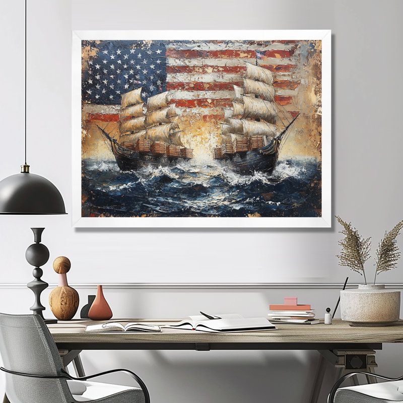 "Alyca" - Patriotiste américain, art mural, H 30 po x l 40 po, Reproduction d'une seule photo avec cadre, Blanc