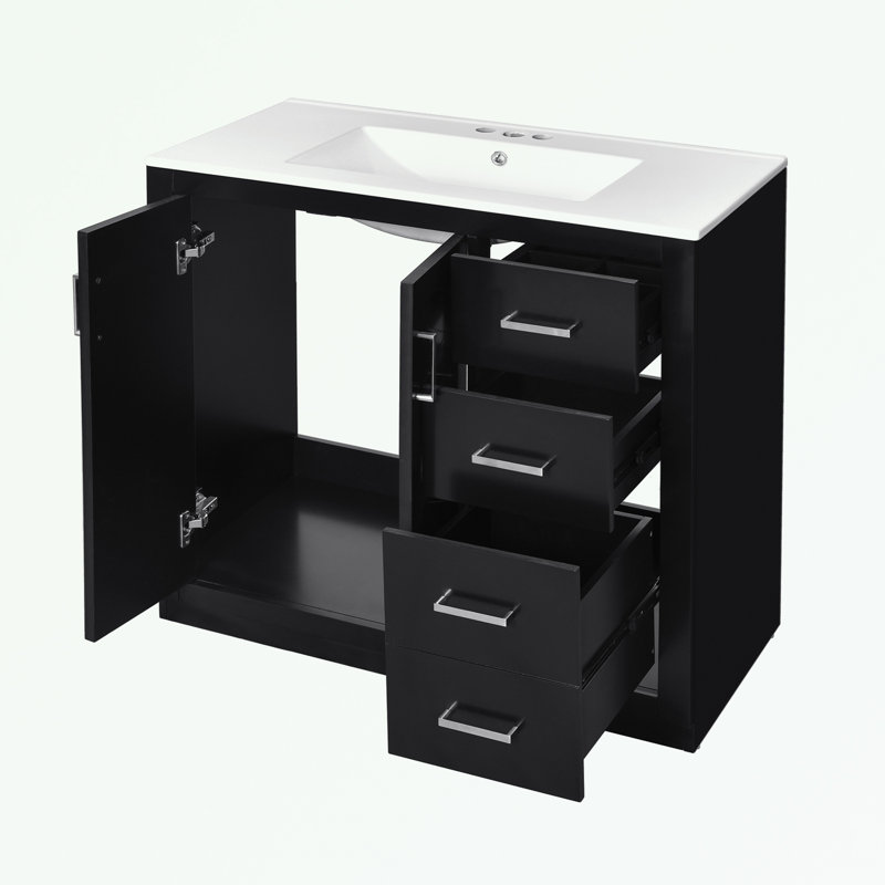 Meuble-lavabo avec lavabo, 3 tiroirs, 2 portes et poignées en métal, Noir