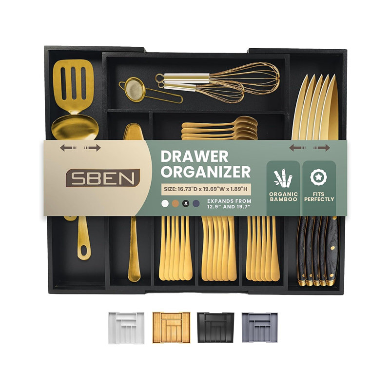 Organisateur de tiroir extensible pour porte-ustensiles, plateau à couverts réglable, 8 fentes, séparateurs de tiroir en bois de qualité supérieure pour l'argenterie, les couverts, les couteaux, le rangement de la cuisine (noir, grand)