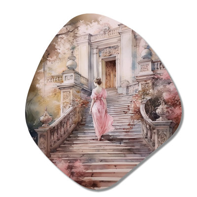 Elegant Woman Walking Down Stairs II - Woman Romantic Nebula Shape Assymterical Metal Wall Art