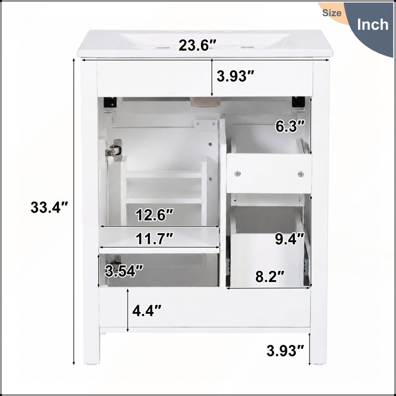 Meuble-lavabo compact de 24 pouces avec lavabo en céramique, structure en bois massif, armoire en panneau de fibres à densité moyenne et plusieurs options de rangement pour les petits espaces