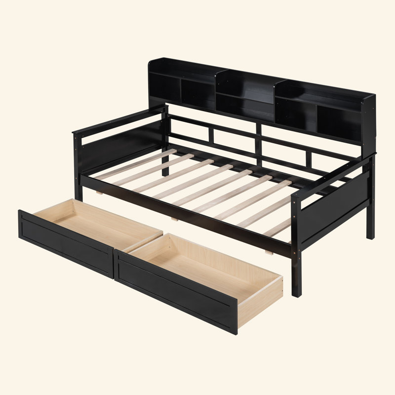 Daybed, Wood Slat Support, With Bedside Shelves And Two Drawers, Twin, Espresso