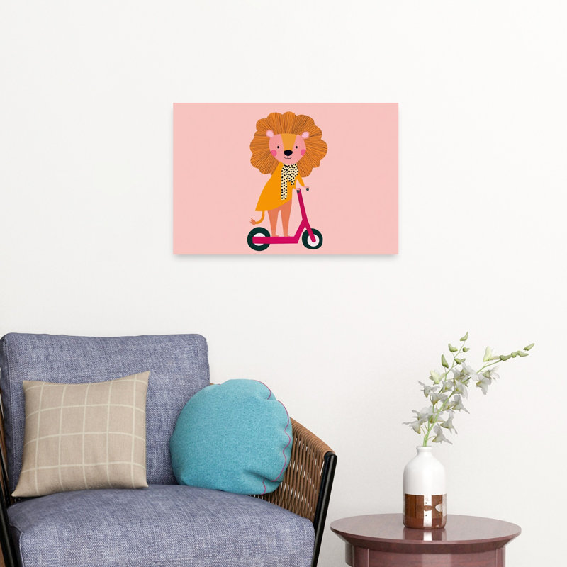 Cute Lion Scooter Ride Modern Wall Art Print by Mathieu - Wrapped Canvas Print, 40.64cm H x 60.96cm W