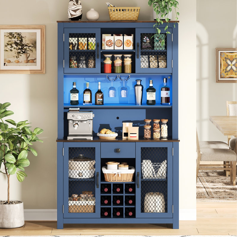 Rangement de cuisine 70,9 po bleu marine avec tablettes réglables, support à vin, verres à pied et à DEL pour armoire de salle à manger, alimentation intégrée, rangement, éclairage en verre