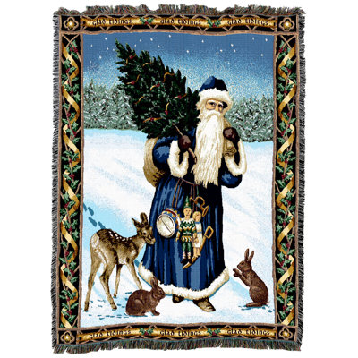 Couverture de père Noël Pure Country Weavers - Père Noël Saint-Nicolas Nick Kris Kringle, cerf, jetée - tapisserie cadeau, tissée à partir de coton - fabriquée aux États-Unis (72 x 54)
