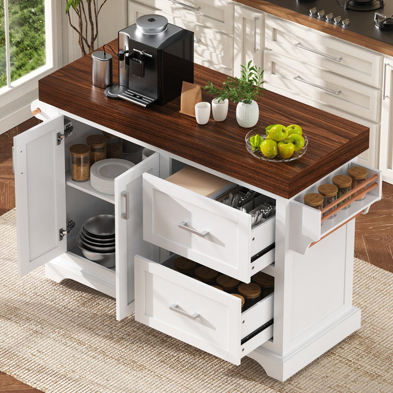 53" Large Kitchen Island with 3.5" Thick Desktop, White