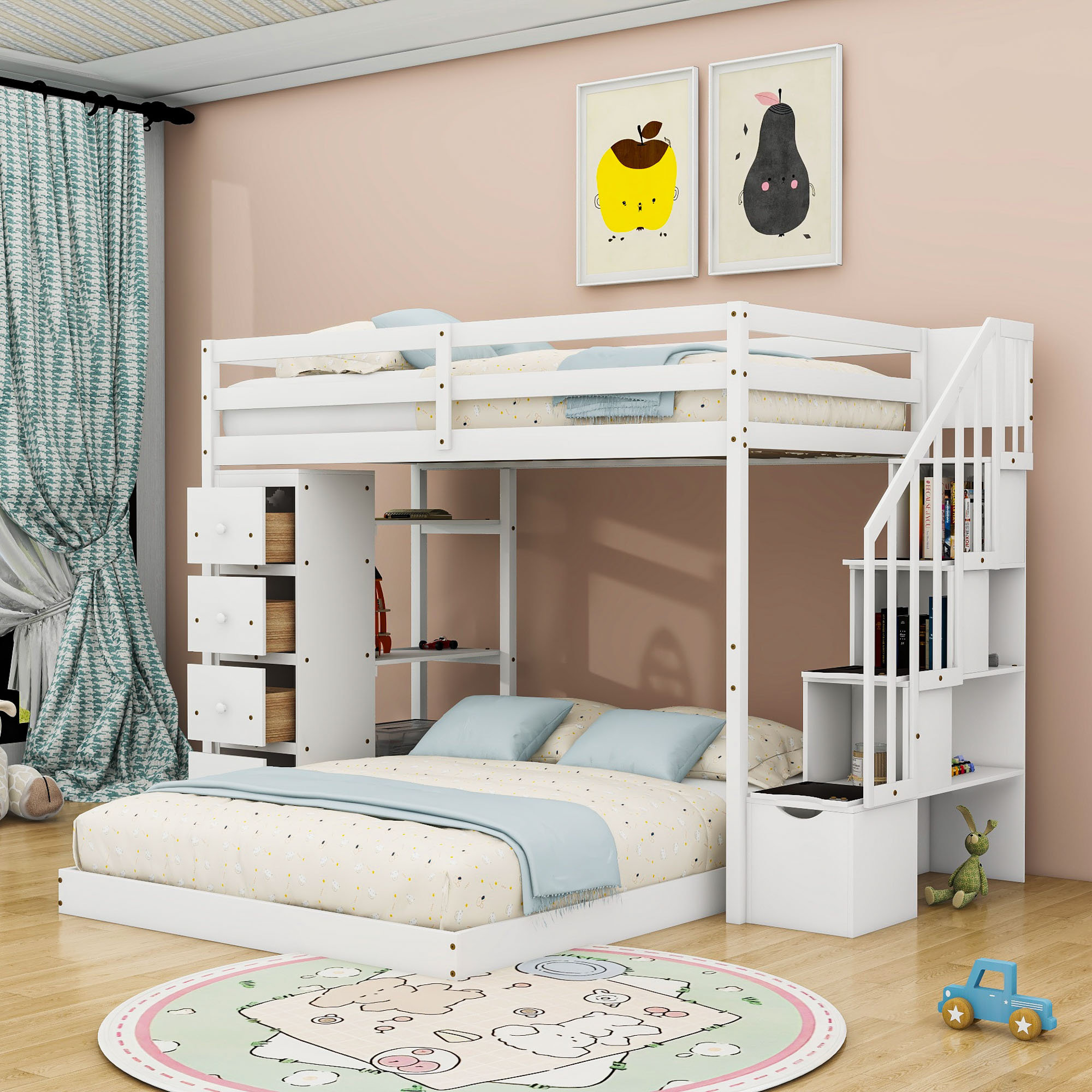 Harriet Bee Twin Over Full Wooden Bunk Bed With Built-In Storage ...