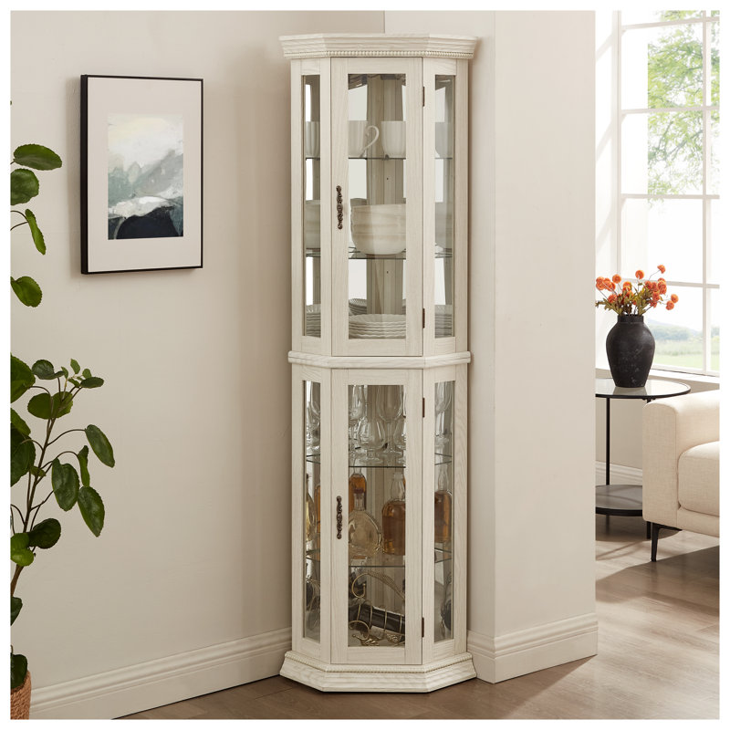 Vitrine de coin lumineuse avec éclairage à DEL - tablette en verre trempé, tablettes réglables et portes en verre pour la décoration intérieure, cerisier foncé