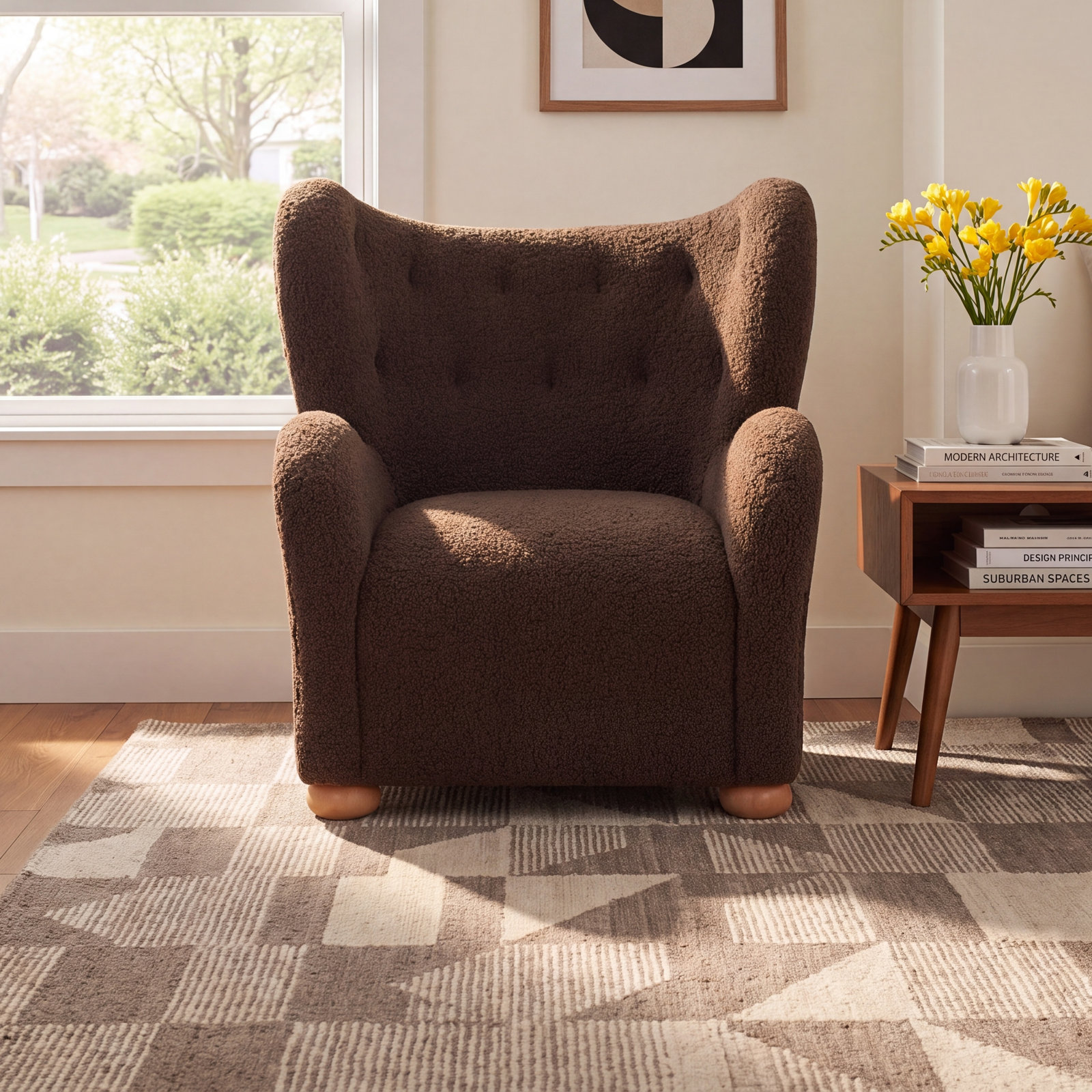 Levin Wingback Chair, Dark Brown Faux Shearling