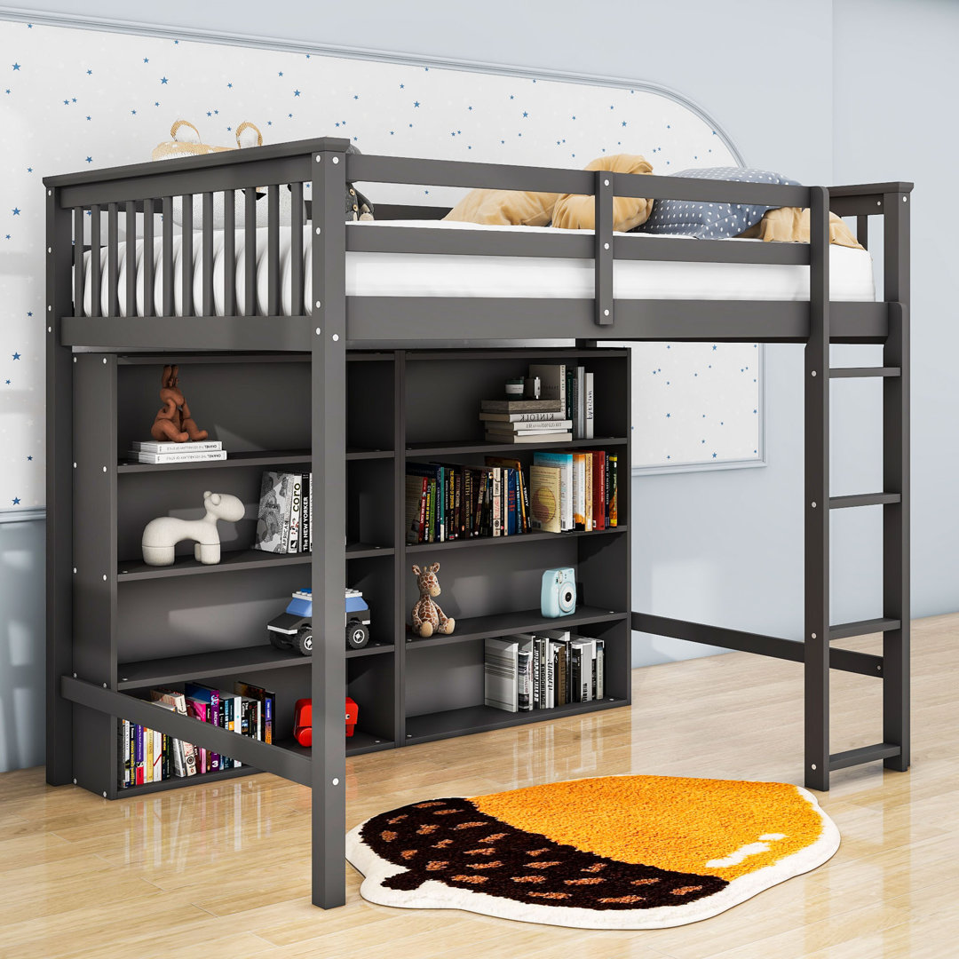 Jamor Wood Loft Bed with Shelves and Built-in Ladder Harriet Bee 