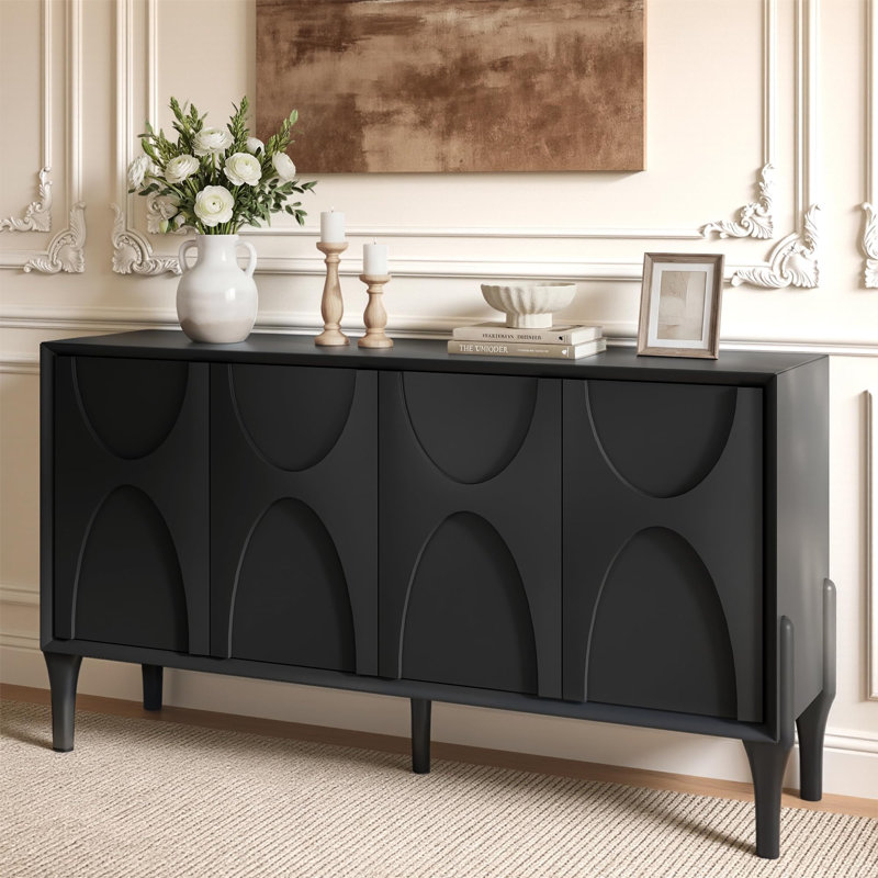 59" Storage Sideboard Cabinet, Mid-Century Modern Buffet with Adjustable Shelves and Solid Wood Legs for Dining Room or Living Room ，Black