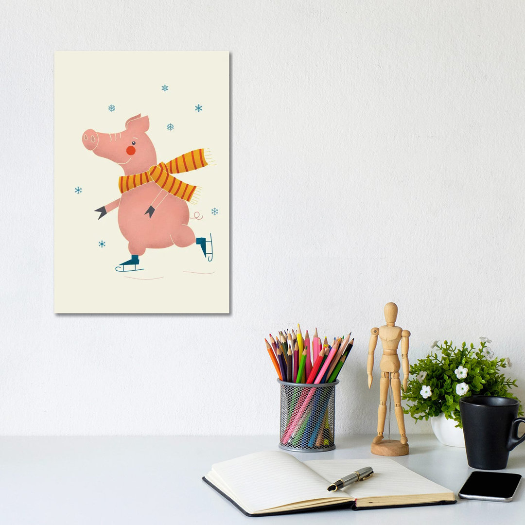 Ice Skating Pig von Show Me Mars - Galerie-verpackte Leinwand Giclée auf Leinwand