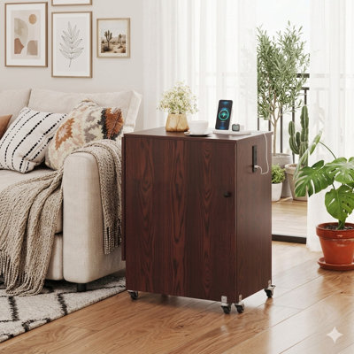 FRESCOLY Foldable Table with Charging Station, Storage Shelves and Lockable Casters, Brown
