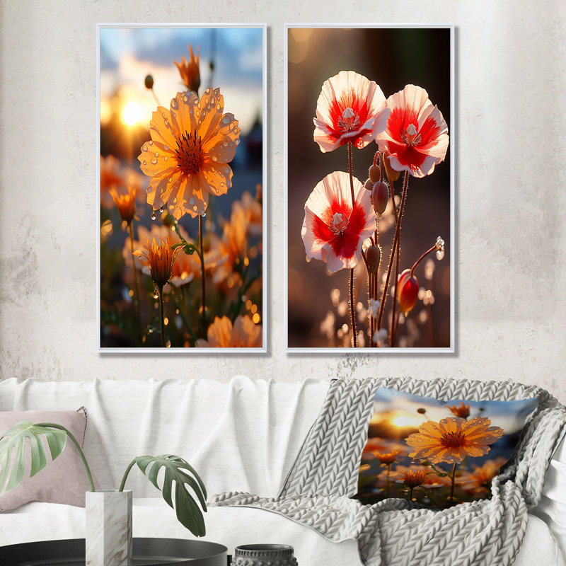 «Gopped Essence Poppies In Radiant Glow I», ensemble de 2 reproductions d'art mural coquelicots, Cadre blanc