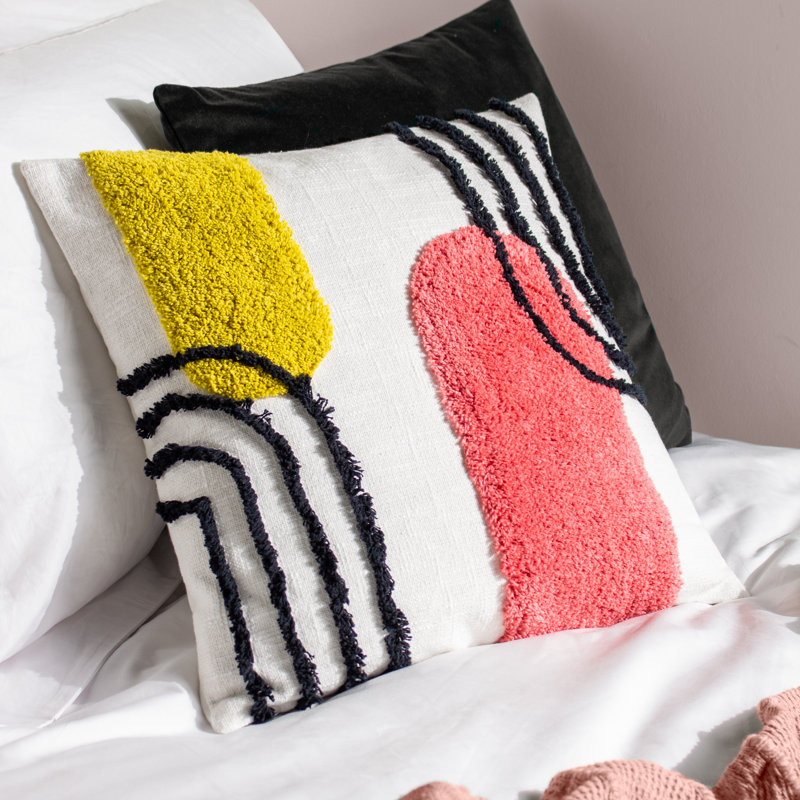 Almyra Abstract Square Cushion, White/Black/Yellow/Pink