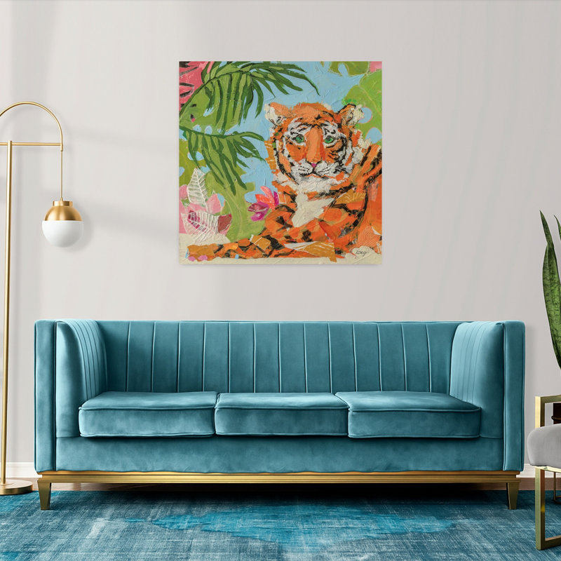 Tigre au repos abstrait, tigre de palmier, art tropical, H 36 po x l 36 po
