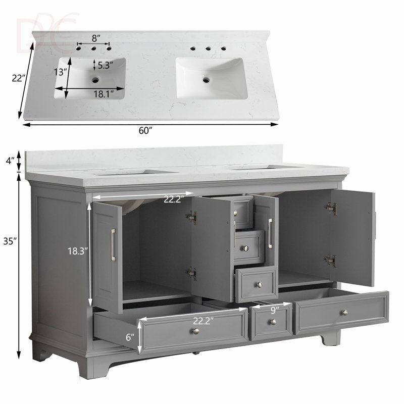 Meuble-lavabo double autoportant de 60 po avec pierre artificielle entièrement assemblé