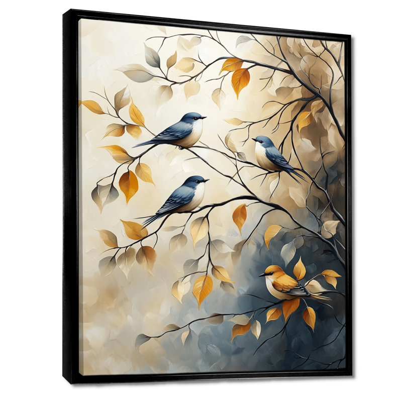 Oiseaux chanteurs sur des branches d'automne - Tableau encadré d'oiseaux bleus, H 32 po x l 24 po, Cadre flottant noir