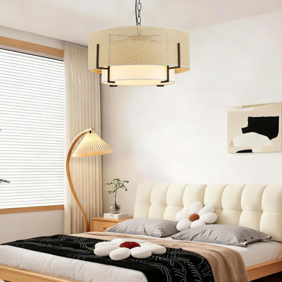 Rattan Semi Flush Mount Ceiling Light Fixture,farmhouse 4-light Boho Chandelier, Hand Woven Rattan Pendant Light With  Rustic Drum For Dining Room Bedroom Foyer Living Room