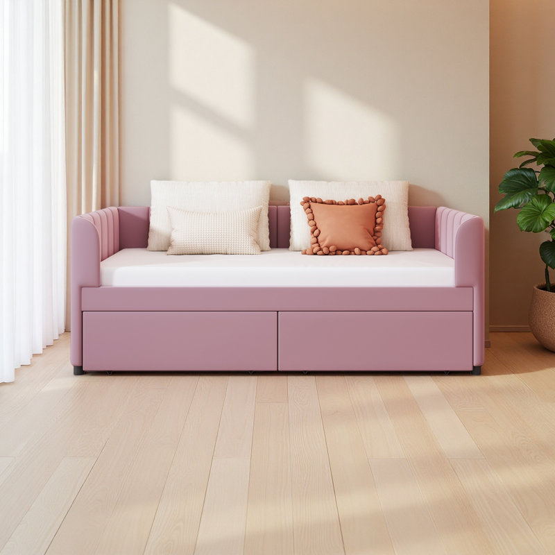 Twin Size Upholstered Daybed With Ergonomic Design Backrest And 2 Drawers, Pink