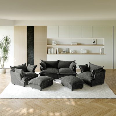 6 - Piece Upholstered Modular Dark Gray Chenille Sectional Sofa Set – Plush Cloud Cushion Lounge Furniture, Customizable Layout for Cozy Living Rooms
