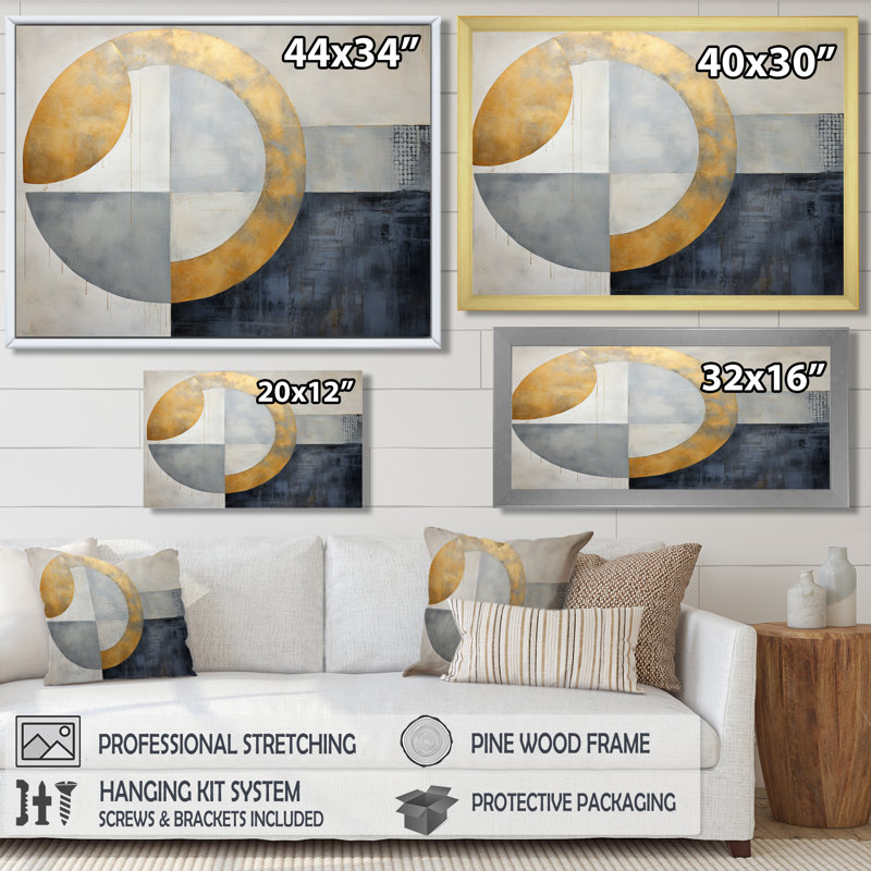 La naissance du soleil doré - Minimalisme, art mural, Toile avec cadre flottant noir, H 16 po x l 32 po x P 1 po
