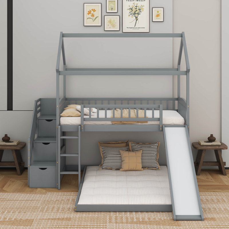 Twin Over Full Bunk Bed With Slide, Gray