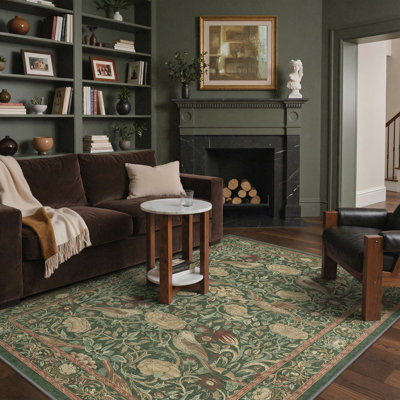 Vintage William Morris Botanical Floral Machine Washable Sage Green Area Rug with Non-Slip Backing