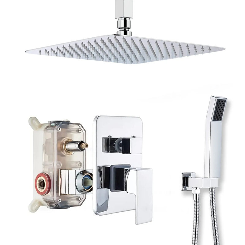 16'' Chrome Shower Faucet System Set Rain Shower Head Combo Kit W/ Mixer Valve
