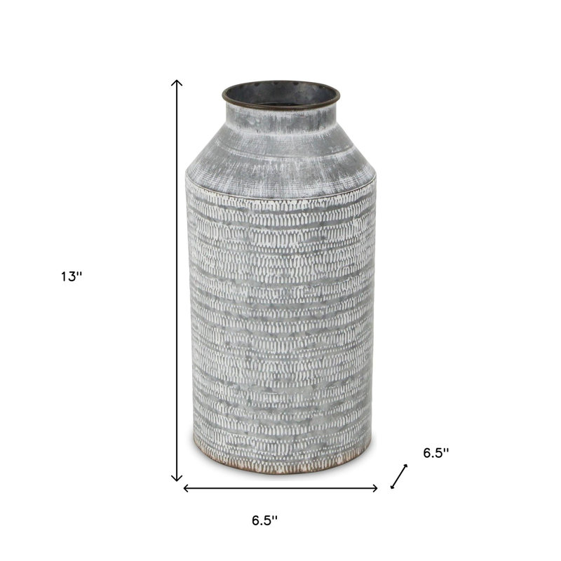 13" Gray Galvanized Metal Geometric Patterned Jug Vase