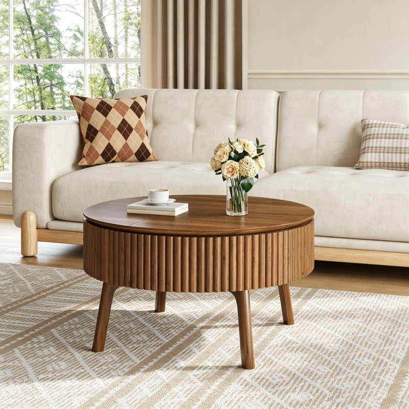 Table basse moderne à plateau relevable avec demi-plateau de rangement dissimulé en bois massif cannelé en noyer pour économiser de l'espace