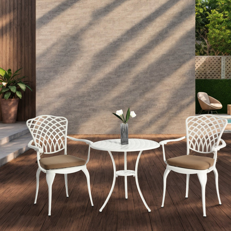 Ensemble bistro 3 pièces - table et chaises en fonte d'aluminium avec coussins réglables pour les pieds