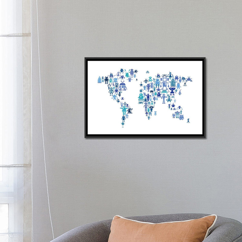 « world map series : teintes blue robots », impression sur toile tendue, H 18 po x l 26 po x P 1,5 po, Toile avec cadre noir
