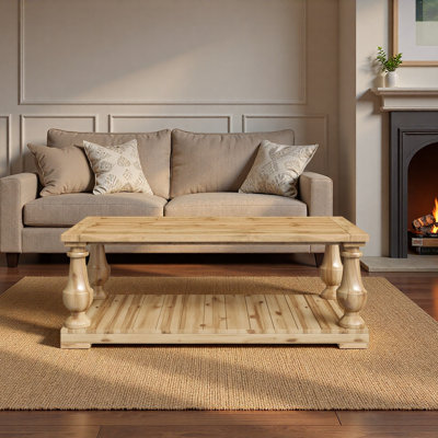 Farmhouse Coffee Table with Storage Shelf, Solid Wood Turned Legs, 2-Tier Rustic Wood Center Table for Living Room
