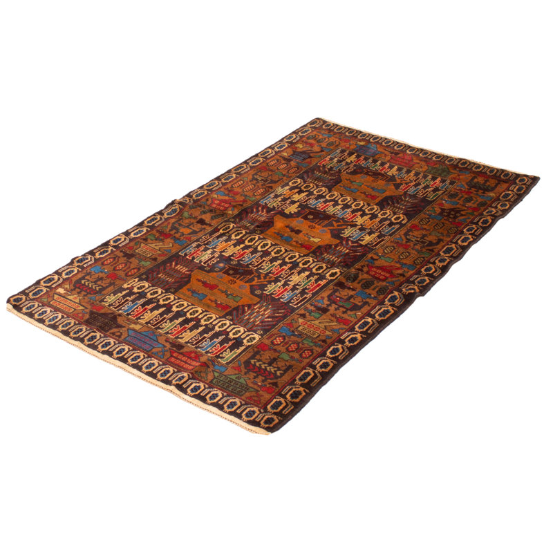 Tapis noir en laine noué à la main de conception unique 3 pi 11 po x 6 pi 7 po Chemaia