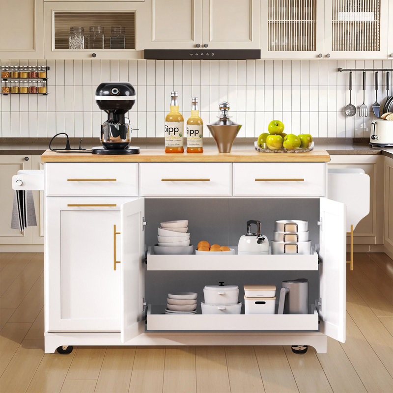 59.3" Kitchen Island With Storage 2 Pull Out Cabinet, White
