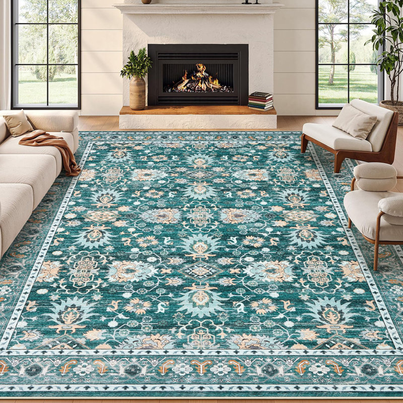 8x10 Area Rug for Living Room, Washable Vintage Printed Soft Rugs, Non Slip Low Pile Carpet for Bedroom, Dining Room, Living Room, Green