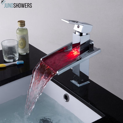 Juno Chrome Plated LED Waterfall Bathroom Mixer Faucet with Temperature-Sensitive Lighting