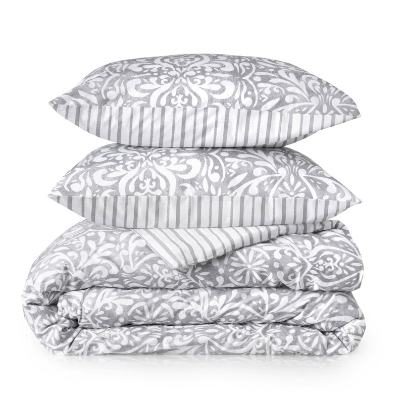 Ensemble de housse de couette réversible Avery Medallion, Housse de couette grand et 2 taies décoratives, Gris
