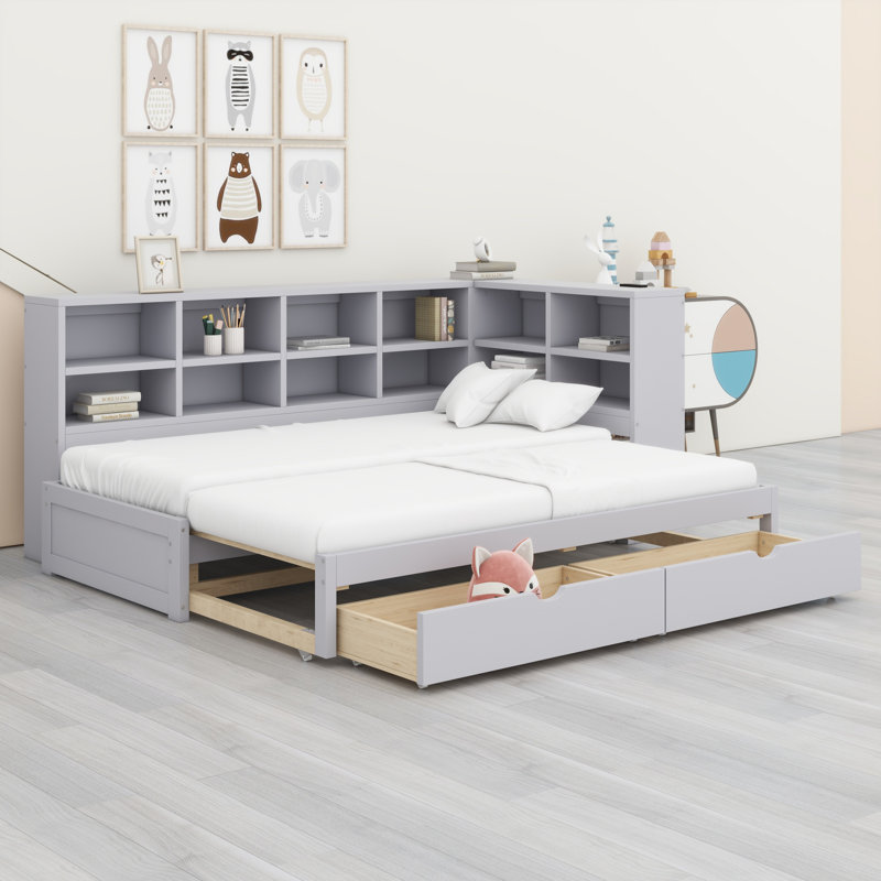 Modern Daybed Frame with 2 Drawers and Open Shelves, LED Lighting & USB, Gray