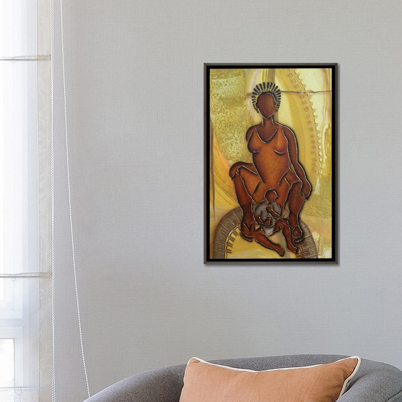 « Mère et enfant » par Fred Odle-impression, Pas de tapis, H 26 po x l 18 po x 1,5 po, Toile encadrée de bois rustique foncé