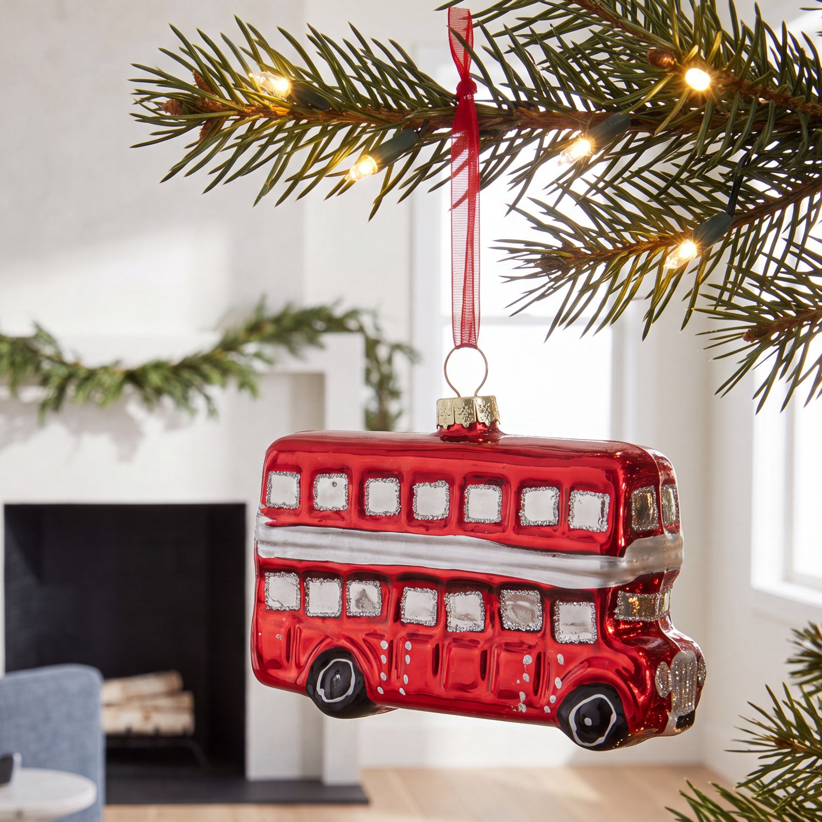 3.75" Red and Silver Double Decker Bus Glass Christmas Ornament