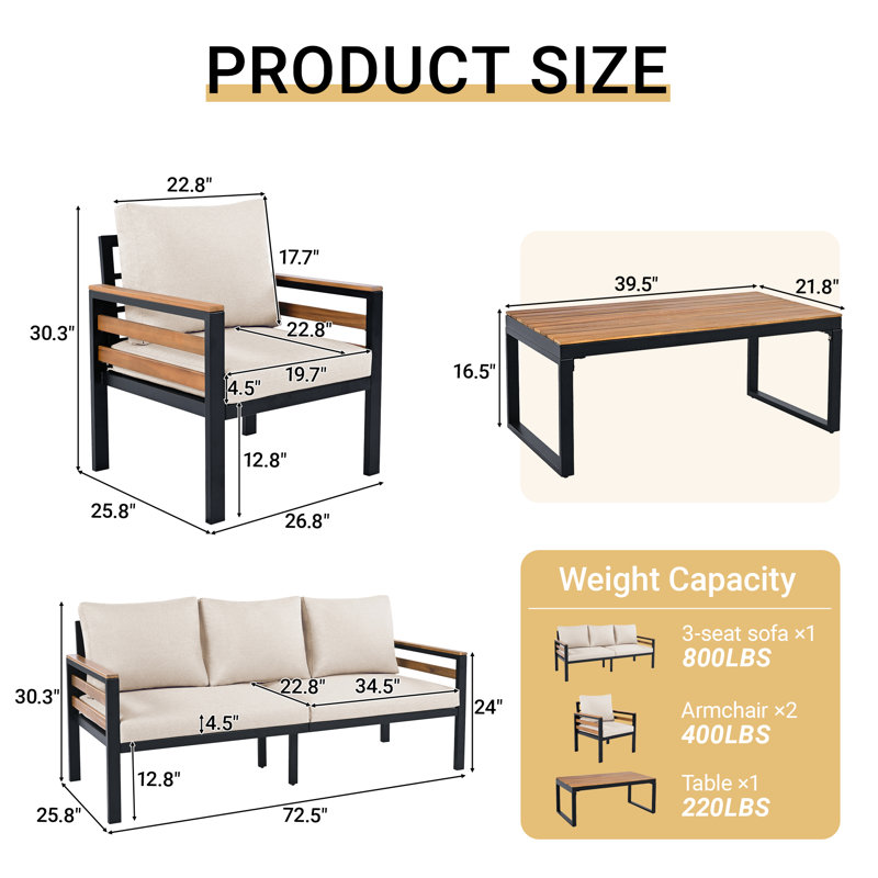 Ensemble de conversation pour 5 personnes avec structure en bois massif et acier, ensemble de mobilier de patio avec canapé 3 places, 2 chaises et table basse, coussins beiges