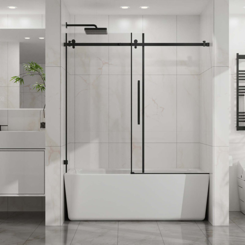 Porte de baignoire, porte de douche coulissante sans cadre, verre trempé transparent de 1/4 po (6 mm) d'épaisseur avec revêtement facile à nettoyer, quincaillerie en acier inoxydable