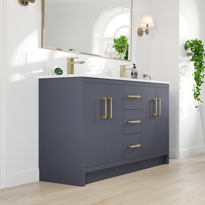 Ilsa 60"W X 18"D Double Sink Bathroom Vanity With White Carrara Quartz Countertop And Undermount Porcelain Sinks, Dark Blue