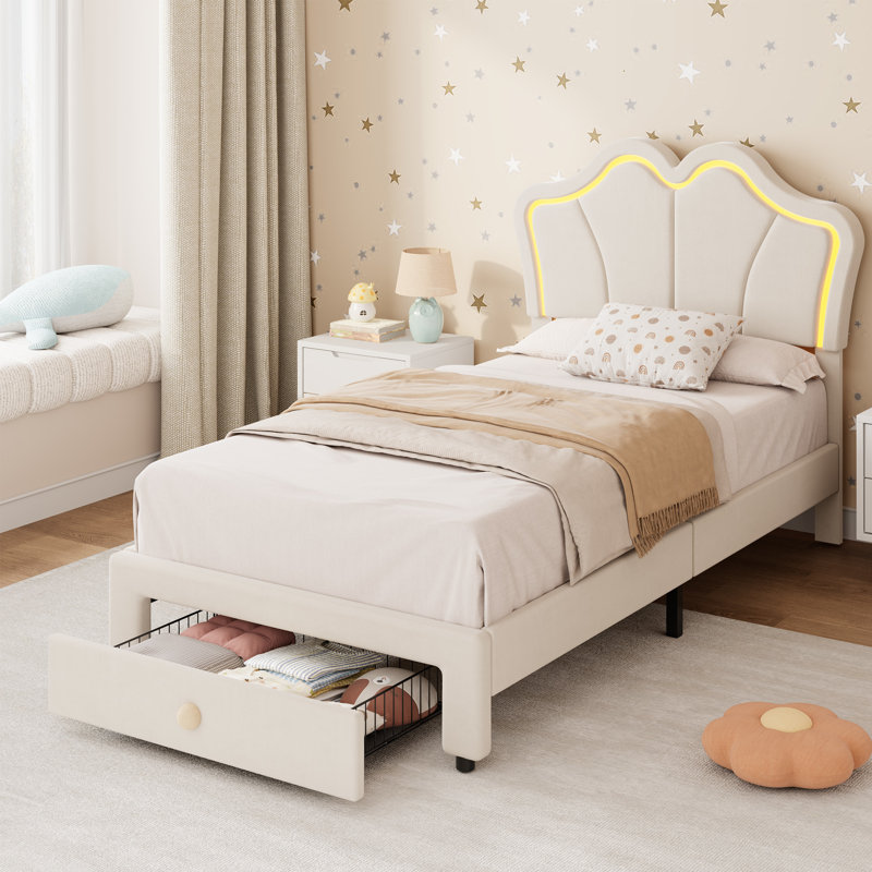 Twin Bed Frame with Storage Drawer, Upholstered LED Bed Frame with Chic Double Wavy Headboard, Cute Velvet Platform Bed Frame, Solid Wood Slats Support, No Box Spring Needed, White
