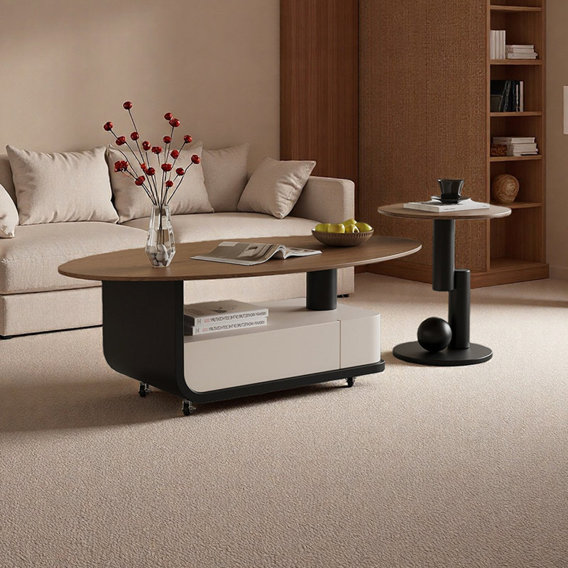 Ensemble de table basse mobile avec rangement et roulettes, Brun noisette, Noir / Beige, H 17,71 po x L 51,18 po x l 25,98 po