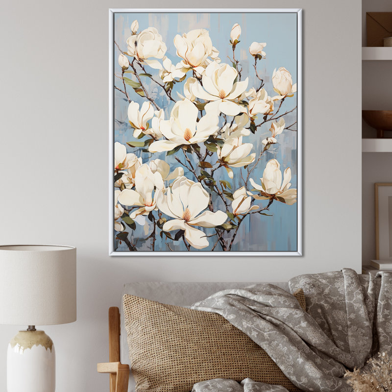 Magnolias en fleurs en blanc, H 32 po x l 24 po x P 1 po, Cadre flottant blanc