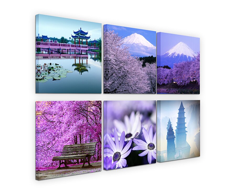 6-tlg. Leinwandbilder-Set Lavendel Blumen Fuij Japan